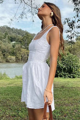 Square Neck Low Back Texture A-Line Sleeveless Mini Dresses-White